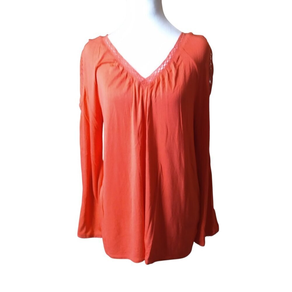 Linda Matthews Cold Shoulder Crochet Accent Blouse Top Long Sleeve Size Large